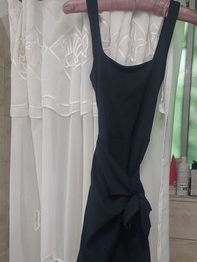 Sleeveless Black Midi Dress with Side Knot - Women